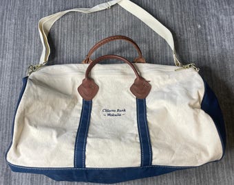 Vintage 1990s L.L.Bean Boat and Tote Duffle Bag – USA Made Canvas Travel Bag – Blue White Weekend Carryall