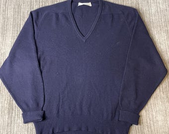 Vintage 1990s Lyle & Scott Sweater – L – Navy V Neck Cashmere Knit – Made in Scotland Pullover