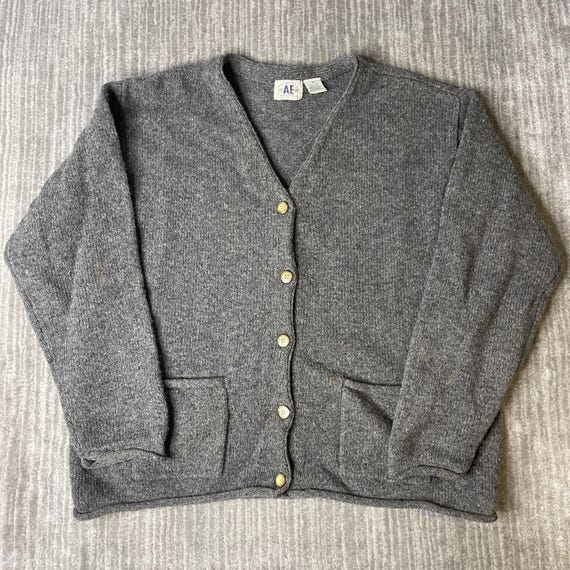Vintage 1990s American Eagle Wool Cardigan – M – Gray Shetland Knit – Pocket Grandpa Sweater – Minimalist Heritage Winter Layer
