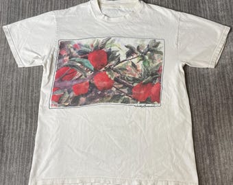 Vintage 1990s Judy Buswell Apple Graphic T Shirt – XL – Watercolor Fruit Art Tee – Botanical Nature Shirt