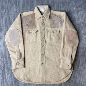 Vintage 1990s Sample Wool Shirt Jacket – M – Beige Herringbone Suede Patch Overshirt Workwear Shacket