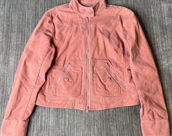 Vintage 2000s Mossimo Corduroy Jacket – L – Pink Cropped Moto Jacket – Y2K Utility Zip Up – Fitted Biker Streetwear Coat