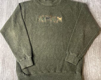 Vintage 1990s ABC Designs Sweater – L – Green Textured Knit – Moose Deer Cabin Outdoor Pullover – Rustic Lodge Crewneck