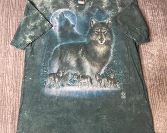 Vintage 2000s Liquid Blue Wolf T Shirt – 2XL – Moon Howling Wolves All Over Print Nature Graphic Tee