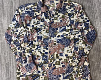 Vintage 1970s Mrs. Dukes Button Up Shirt – M – Abstract Animal Print Novelty Blouse Geometric Art Pattern Top