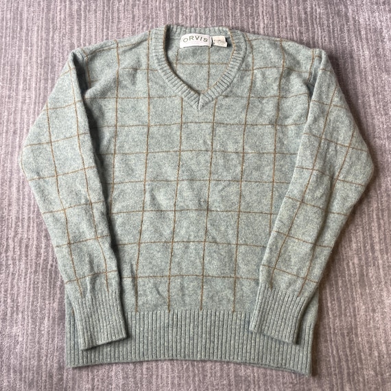 Orvis, Vintage 1990s Orvis Wool Sweater – M – Sage Green Windowpane V Neck – 100% Wool Heritage Preppy Country Knit
