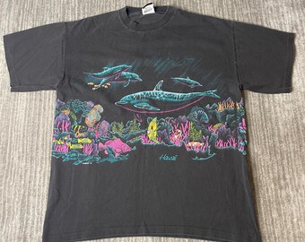 Vintage 1992 Signal Sports Habitat Hawaii T-Shirt – L – Dolphin Coral Reef Graphic – Neon Ocean Wildlife Single Stitch Tee