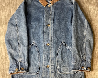 Vintage 1990s Dunbrooke Upstream Denim Barn Jacket – M – Blue Jean Chore Coat – Corduroy Collar – Plaid Lined Workwear