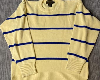 Vintage 2000s Eddie Bauer Cotton Sweater – M – Yellow Blue Striped Crewneck – Preppy Coastal Knit Pullover