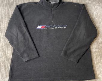 Vintage 1990s Tommy Hilfiger Fleece – L – Black Quarter Zip Pullover – Embroidered Athletic Logo Sweater