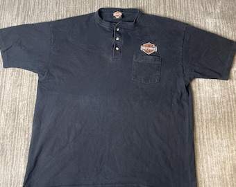 Vintage 1990s Harley-Davidson Henley Shirt – XXL – Faded Black Pocket Tee – Embroidered Motorcycle Logo – Biker Casual Shirt