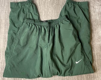 Vintage 2000s Nike Track Pants – XL – Green Nylon Athletic Joggers – Y2K Sportswear Wind Pants