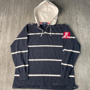 Vintage 1990s Polo Ralph Lauren Rugby Hoodie – M – RL-93 Sailing Patch Sweatshirt – Striped Nautical Polo Sport Style