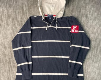 Vintage 1990s Polo Ralph Lauren Rugby Hoodie – M – RL-93 Sailing Patch Sweatshirt – Striped Nautical Polo Sport Style