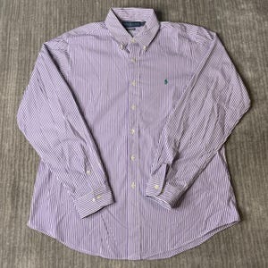 Camisa vintage Ralph Lauren de los años 2000 con botones – Talla 17 36/37 – Camisa de vestir de algodón a rayas moradas de corte personalizado