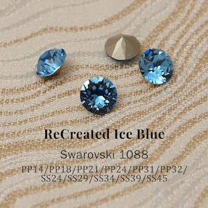 May include: Close-up of several ReCreated Ice Blue Swarovski crystals. The crystals are various shapes and sizes, with a brilliant, faceted cut. The text "ReCreated Ice Blue" and "Swarovski 1088" are visible.