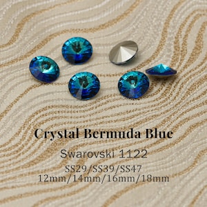 Swarovski 1122 Crystal Bermuda Blue Rivoli Pointed Back Round Stones, Austrian Crystal Chatons for Jewelry Making, SS29–SS47, 12mm-18mm