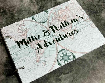 World Map Adventures Personalised Refillable Scrapbook Photo Album, Custom Front Cover Words, A5 White Pages, Open/Close Binding Rings