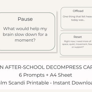 May include: A printable card set for teens with prompts for decompression. The cards feature questions like "What would help my brain slow down for a moment?" and "One thing that felt heavy today was..." The text is in a minimalist design.