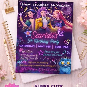 May include: A printable invitation for a 5th birthday party, featuring a vibrant design with three animated girls. The invitation includes the text "Swim, Sparkle, and Slay!" and party details. The invitation is easily customizable and available for instant download.