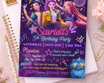 May include: A printable invitation for a 5th birthday party, featuring a vibrant design with three animated girls. The invitation includes the text "Swim, Sparkle, and Slay!" and party details. The invitation is easily customizable and available for instant download.