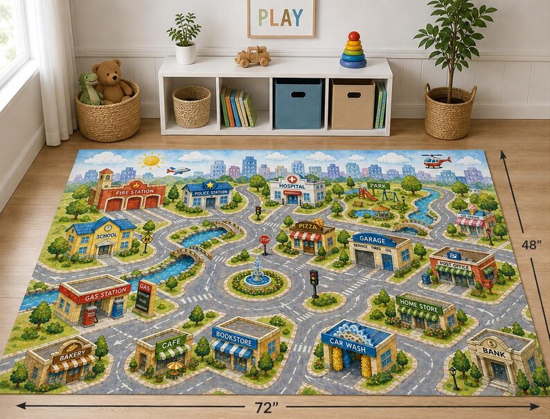 City Playmat Area Rug | Kids Road Map Town Design, Playroom Floor Rug ...