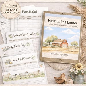 Op de afbeelding: Een afdrukbare "Simple Farm Life Planner" met 11 pagina's, inclusief een boerderijbudget, dierenzorgtracker, dagelijks boerderijlogboek en weekplanner. De planner heeft een digitale gebruiksmogelijkheid en een boerderijthema.