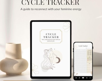 May include: A digital tablet and smartphone displaying a "Cycle Tracker" app. The tablet shows a cover with the text "Cycle Tracker" and an illustration of a woman. The smartphone displays a calendar. The image also includes a beige vase.