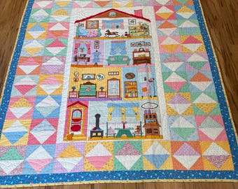 Handmade Retro Doll House Quilt – 53"x57" Throw Blanket