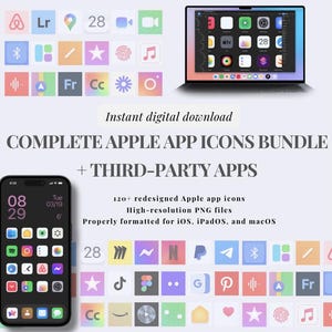 Puede incluir: Imagen de un producto digital, un paquete completo de iconos de aplicaciones de Apple. La imagen muestra un portátil y un teléfono con iconos de aplicaciones. El texto dice "Descarga digital instantánea".