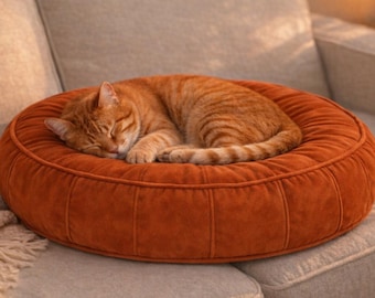 Terracotta Velvet Pet Bed  Burnt Orange Round Dog&Cat Cushion  Cozy Soft Plush Pet Bed  Minimal Boho Home Decor  Luxury Velvet Pet Furniture