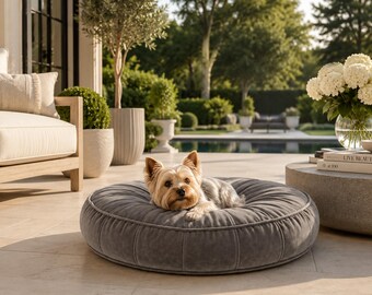 Grey Taupe Velvet Round Pet Bed Luxury Plush Cat and Dog Cushion 6 Sizes 40–90 cm