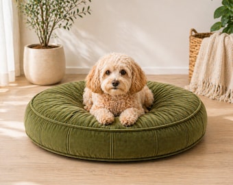 Olive Green Velvet Pet Bed, Round Dog Cushion, Soft Plush Cat Pillow, Cozy Pet Mattress, Modern Scandinavian Decor