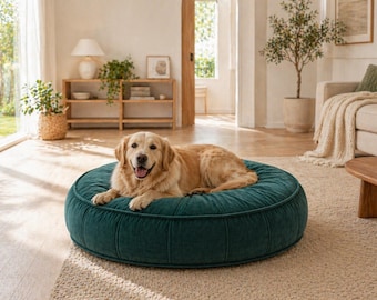 Cama de lujo para mascotas en terciopelo color turquesa, cojín redondo de felpa para perros y gatos, cama ortopédica relajante, almohada suave para mascotas, muebles modernos para mascotas.