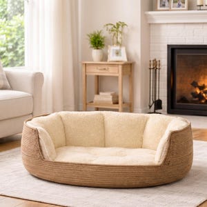 以下が含まれることがあります： 茶色の織り模様の外側と、柔らかいクリーム色の内側を備えた丸いペットベッド。 ベッドは、暖炉とソファを背景に、リビングルームの明るい色のラグの上に置かれています。