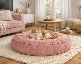 Blush Pink Velvet Floor Cushion, Round Pouf Ottoman, Boho Meditation Pillow, Soft Seating, Pet Friendly Cushion, Living Room Decor