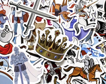 Pack of 50 Knight Stickers, Medieval Warrior Stickers, Sword Shield Stickers, Waterproof Armor Stickers for History Lovers, Collectors
