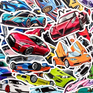 Pode incluir: Uma coleção de autocolantes de carros coloridos com vários carros desportivos em tons de vermelho, azul, laranja, verde e branco. Os autocolantes apresentam diferentes designs de carros, incluindo cupês e desportivos, com ilustrações detalhadas e acabamentos brilhantes.
