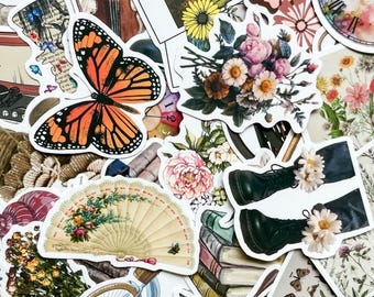 Pack of 50 Cottagecore Stickers, Vintage Aesthetic Stickers, Floral Mushroom Stickers, Waterproof Stickers for Scrapbook Journal Decor