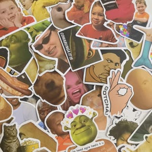 Puede incluir: Una colección de pegatinas de memes con imágenes de Shrek, perros y otras caras famosas de Internet. Algunas pegatinas tienen texto, incluyendo "COWABUNGA IT IS" y "GOTCHA!"