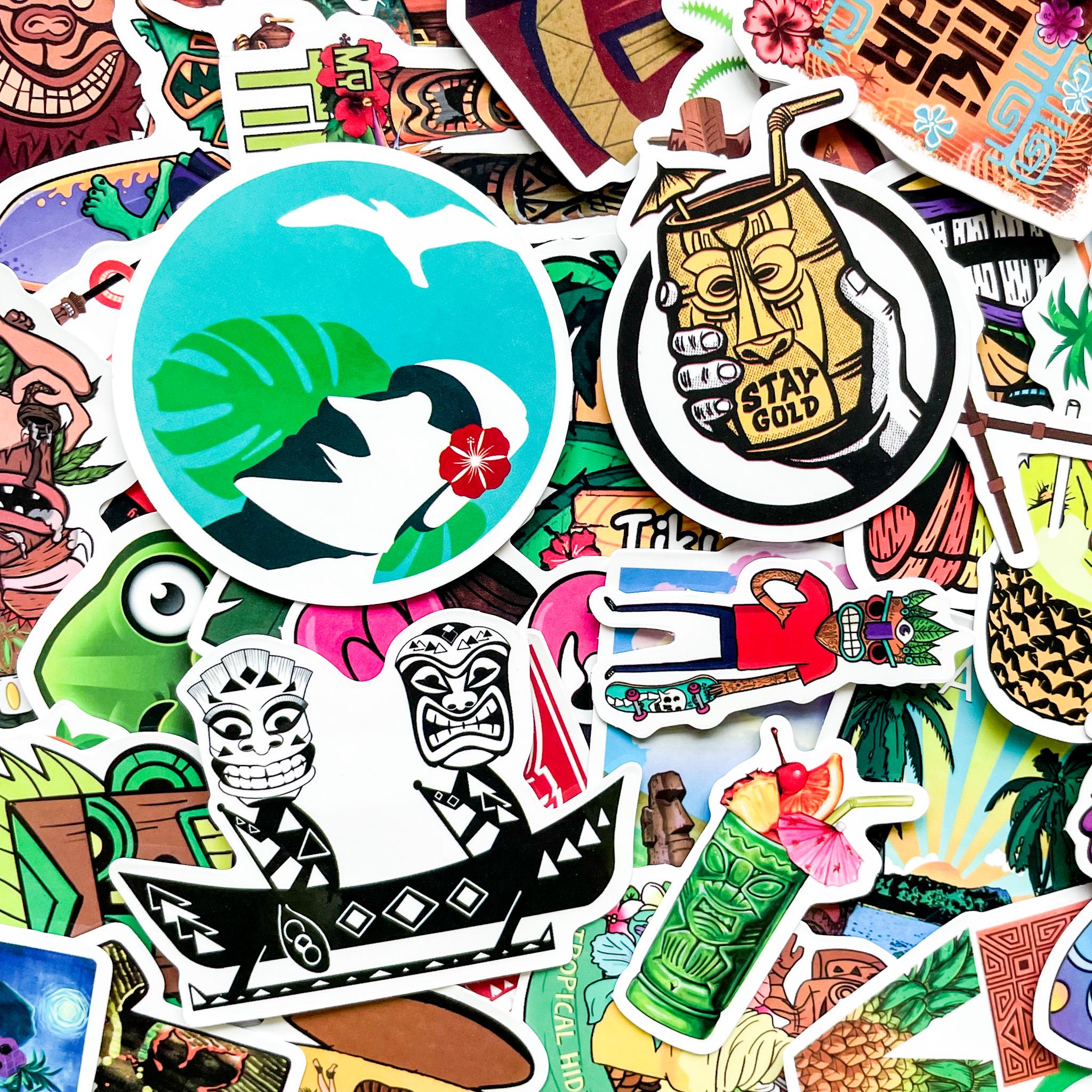 Hawaii Sticker Pack of 50 Tropical Tiki Stickers, Hawaii Island Stickers, Beach Sunset ...