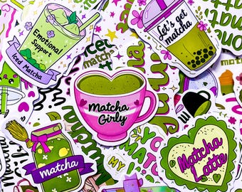 Pacote com 50 adesivos de matcha, adesivos de matcha latte, adesivos fofos de bebidas verdes, adesivos estéticos à prova d'água para amantes de matcha.