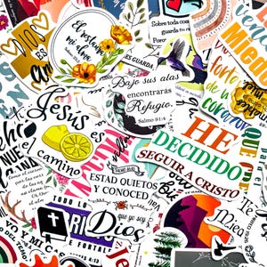 May include: A collection of colorful stickers with various designs and text. The stickers feature floral, religious, and inspirational themes. Some stickers have phrases like "El restaura mi alma" and "Seguir a Cristo".