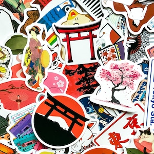 May include: A collection of Japanese-themed stickers featuring a variety of designs. The stickers include images of a geisha, a red torii gate, cherry blossoms, and a cat. Other stickers depict sushi, a traditional Japanese umbrella, and a cassette tape.