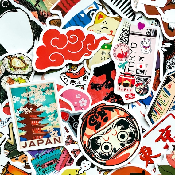 Pack of 50 Japanese Aesthetic Stickers, Lantern Daruma Stickers, Koi Streamer Stickers, Maneki Neko Sticker, Waterproof Sticker for Journal
