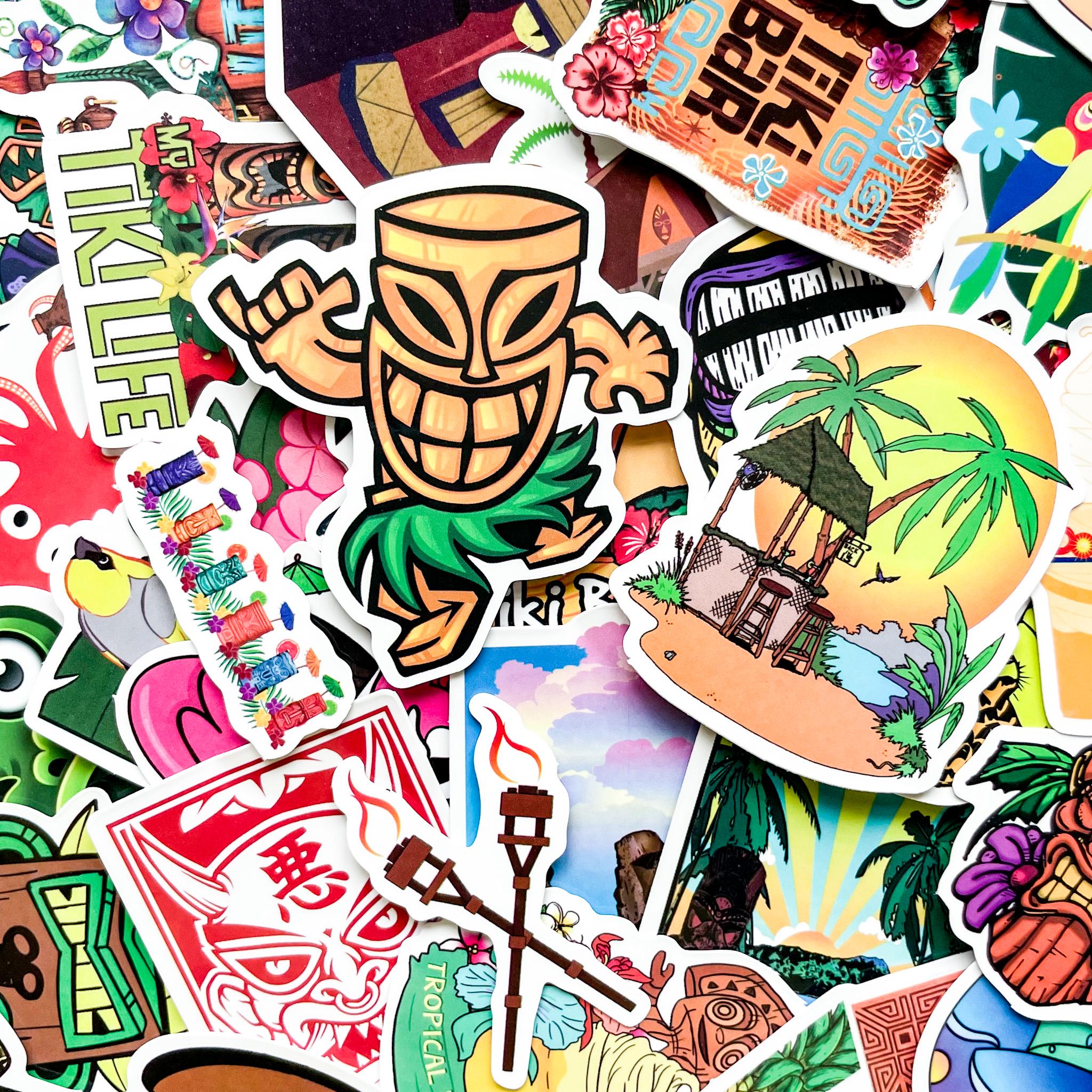 Hawaii Sticker Pack of 50 Tropical Tiki Stickers, Hawaii Island Stickers, Beach Sunset ...