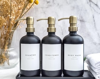 Collection #1 | Matte black Glass Dispenser Bottle - with rust-proof Brass Metal Pump | Reusable | Waterproof Label