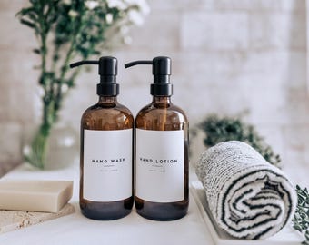 Collection #1 Amber Glass Bottle - Labelled Bottle with Matte Black Metal Pump | Waterproof Label | For Bathroom & Kitchen | Reusable bottle