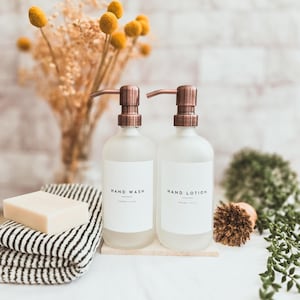 Frosted Glass Dispenser - Refillable Bottles With Copper Pump Dispenser | Waterproof label | Reusable Glass Soap| Kitchen & Bathroom Bottle
