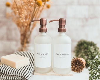 Milchglasspender - Nachfüllbare Flaschen mit Kupferpumpspender | Wasserfestes Etikett | Wiederverwendbare Glasseife | Küche & Bad Flasche